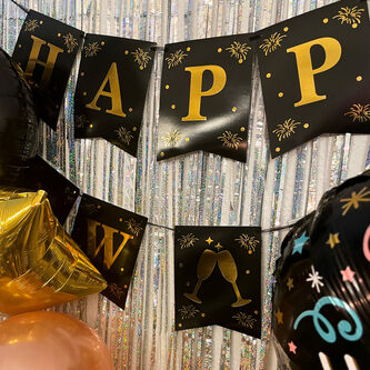Happy New Year Wimpel Girlande Banner Wimpelkette für Silvester Neujahr Party Feier Deko schwarz gold