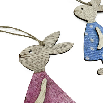 Holz Hase Mädchen im Kleid Anhänger Häschen Hängedeko für Osterstrauß Deko aus Echtholz für Ostern - pink