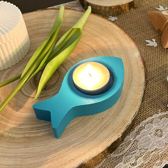 Fisch Teelichthalter 2er Set Kerzenhalter Fische aus Holz - Tisch Deko für Taufe Kommunion Konfirmation türkis