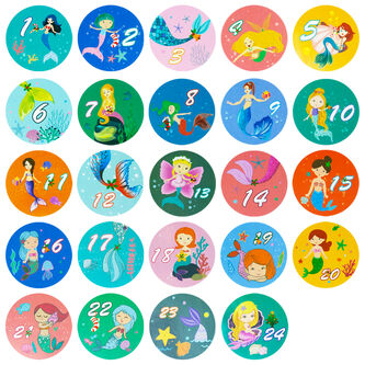 DIY Adventskalender Set - 24 Pappschachteln + 24 Zahlen Sticker Aufkleber mit Meerjungfrauen für Advent