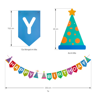 Happy Birthday Girlande Wimpel Banner mit Partyhütchen 2,5m als Deko für Kinder Geburtstag Deko - bunt