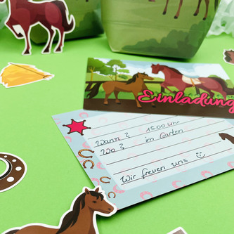 Pferde Deko Set - Geschenktüten + Einladungskarten + Konfetti Set für Kinder Geburtstag Motto Party