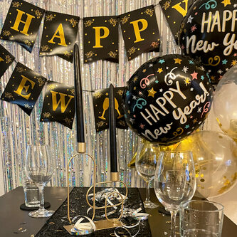 Happy New Year Wimpel Girlande Banner Wimpelkette für Silvester Neujahr Party Feier Deko schwarz gold