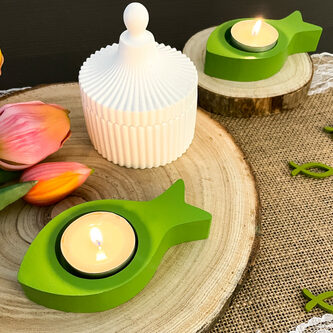 Fisch Teelichthalter 2er Set Kerzenhalter Fische aus Holz - Tisch Deko für Taufe Kommunion Konfirmation grün