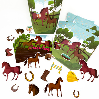 Pferde Deko Set - Geschenktüten + Einladungskarten + Konfetti Set für Kinder Geburtstag Motto Party