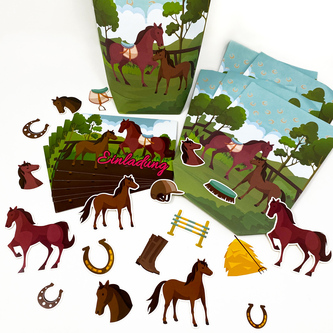 Pferde Deko Set - Geschenktüten + Einladungskarten + Konfetti + Luftballons für Kinder Geburtstag Motto Party