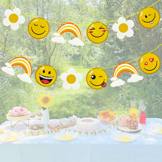 Smiley Girlande Wimpel Banner mit Blumen Regenbogen 2,4m als Deko für Kinder Geburtstag Deko - bunt