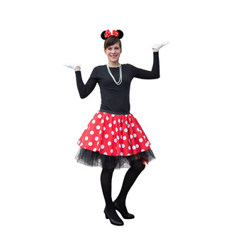 Damen Maus Mouse Kostüm - Rock + Haarreifen mit Maus Ohren und Schleife gepunktet rot weiß schwarz
