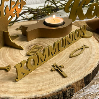 Schriftzug Kommunion aus Holz 2er Set als Tischdeko für Kommunion Deko Dekoration Junge Mädchen - gold