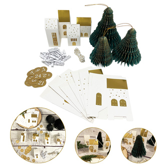 DIY Adventskalender Set - 12 Häuschen Schachteln + 3 3D Tannenbäume + 24 Zahlen + 24 Klammern Weihnachtsdeko