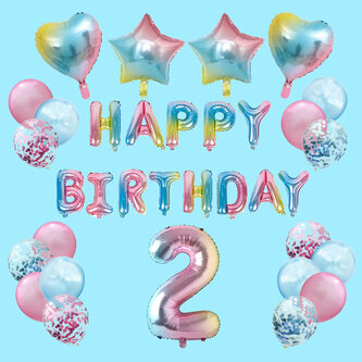 2. Geburtstag Party Deko Set - Happy Birthday + Zahl 2 Ballon + Konfetti Luftballons + Herzen uvm.