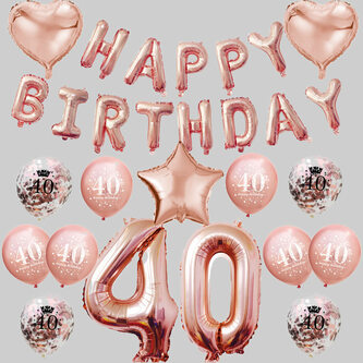 40. Geburtstag Party Deko Set - Happy Birthday + Zahl 40 Ballons + Konfetti Luftballons roségold