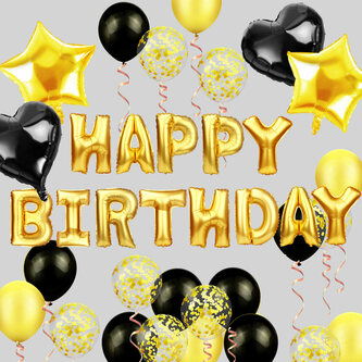 Geburtstag Party Deko Set - Happy Birthday + Herzen Folien Luftballons Konfetti Ballons schwarz gold