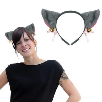 Haarreif Katzen Ohren Haarreifen für Fasching Karneval Motto Party Katze Kostüm Accessoire - grau
