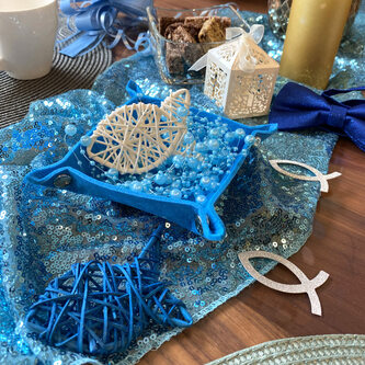 6 Rattan Fische Tischdeko für Taufe Kommunion Konfirmation Firmung - dunkelblau