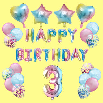 3. Geburtstag Party Deko Set - Happy Birthday + Zahl 3 Ballon + Konfetti Luftballons + Herzen uvm.