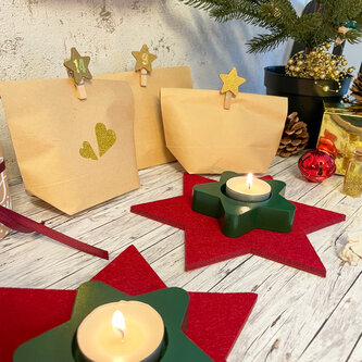 Stern Teelichthalter 2er Set Kerzenhalter Sterne aus Holz - Tisch Deko für Winter Weihnachten dunkelgrün